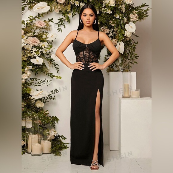 SHEIN Belle Contrast Lace Split Thigh Bridesmaid Dress - Picture 6 of 12